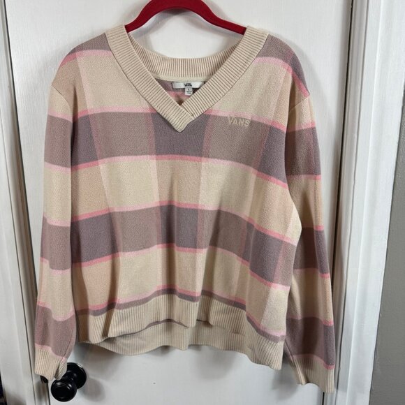 Vans V-Neck Sweater Women’s Large Pink Beige Plaid Check Knit 100% Cotton - Picture 2 of 8